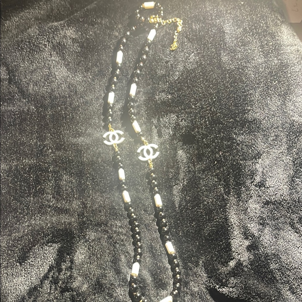 CHANEL Black and White Necklace with Classic CC Logo